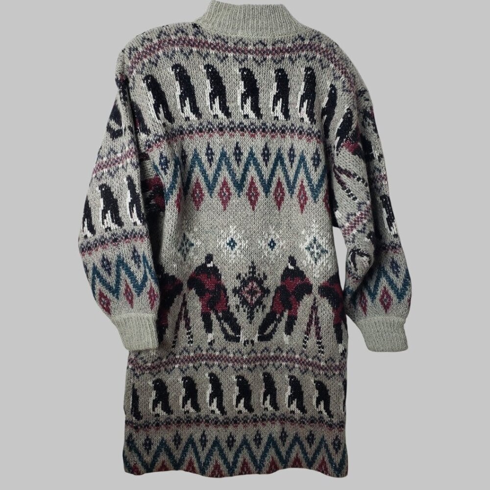 Gioia Donna Vtg Wool Mohair Blend Long Cardigan With Nordic Pattern Gray Meium - Picture 2 of 10